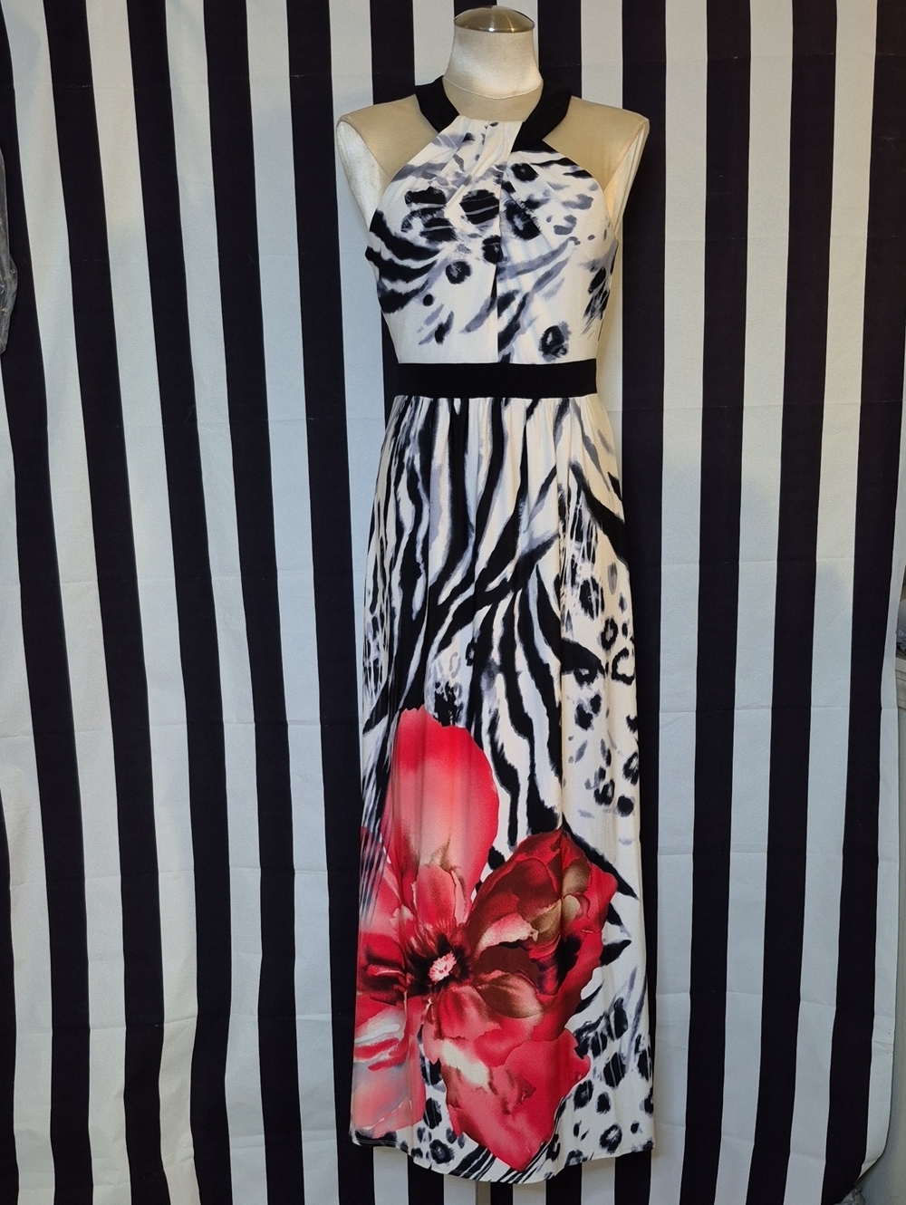 Black & White Zebra Print Halter Maxi Dress with Red Floral Accent